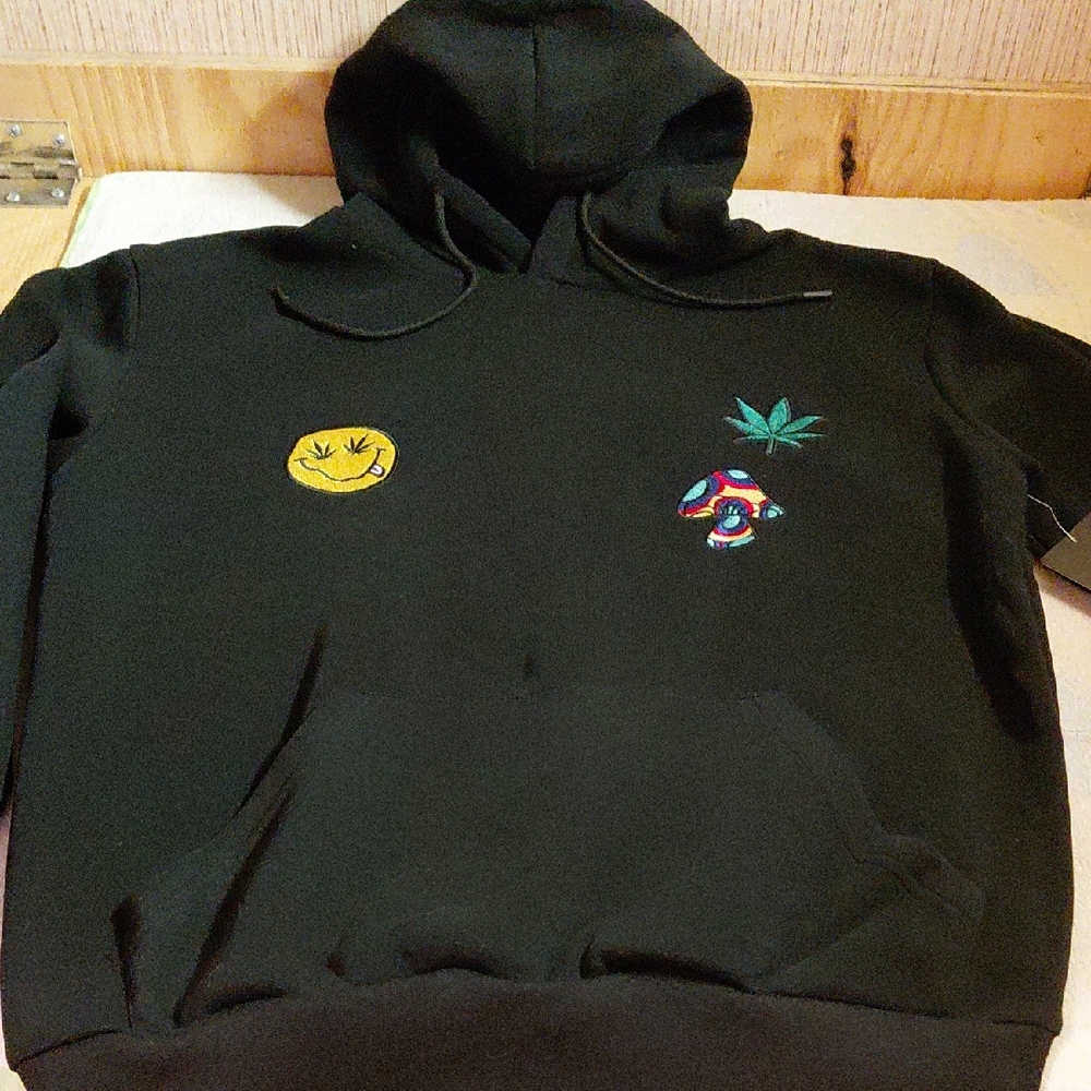 Original Deluxe Black Hoodie With Stitched Patches, Size Small, NWT